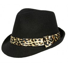 Fedora Hats – 12 PCS Wool-Felt w/ Leopard Print Band - Black - HT-FHT2492BK